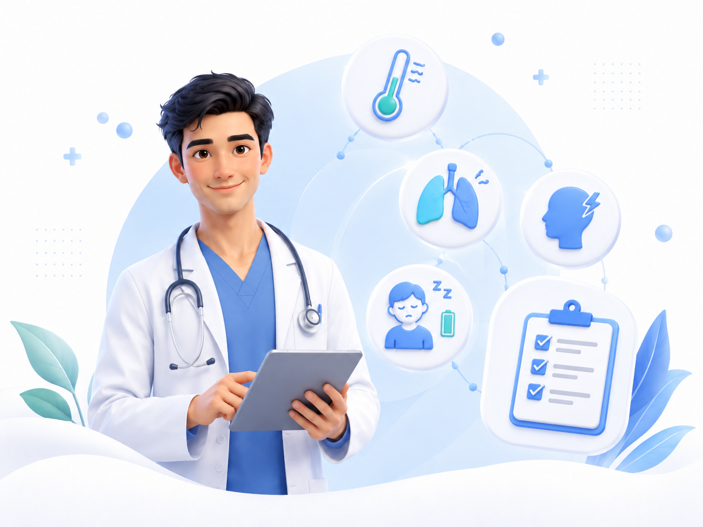Doctor reviewing symptom triage icons